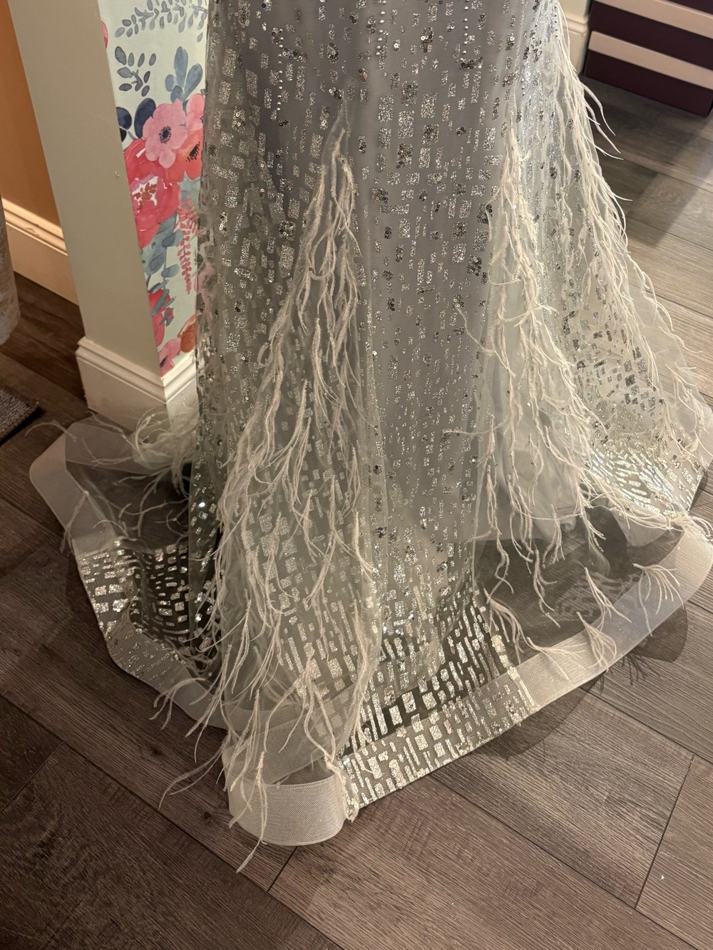 Silver Embellished Feather-Trim Gown - Picture 4 of 6